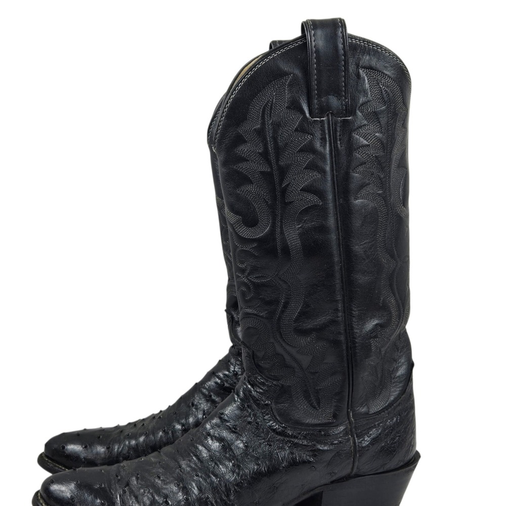 Vtg 90s Justin Cowboy Boots Full Quill Ostrich 8933 Blk Mens 8.5B Western USA